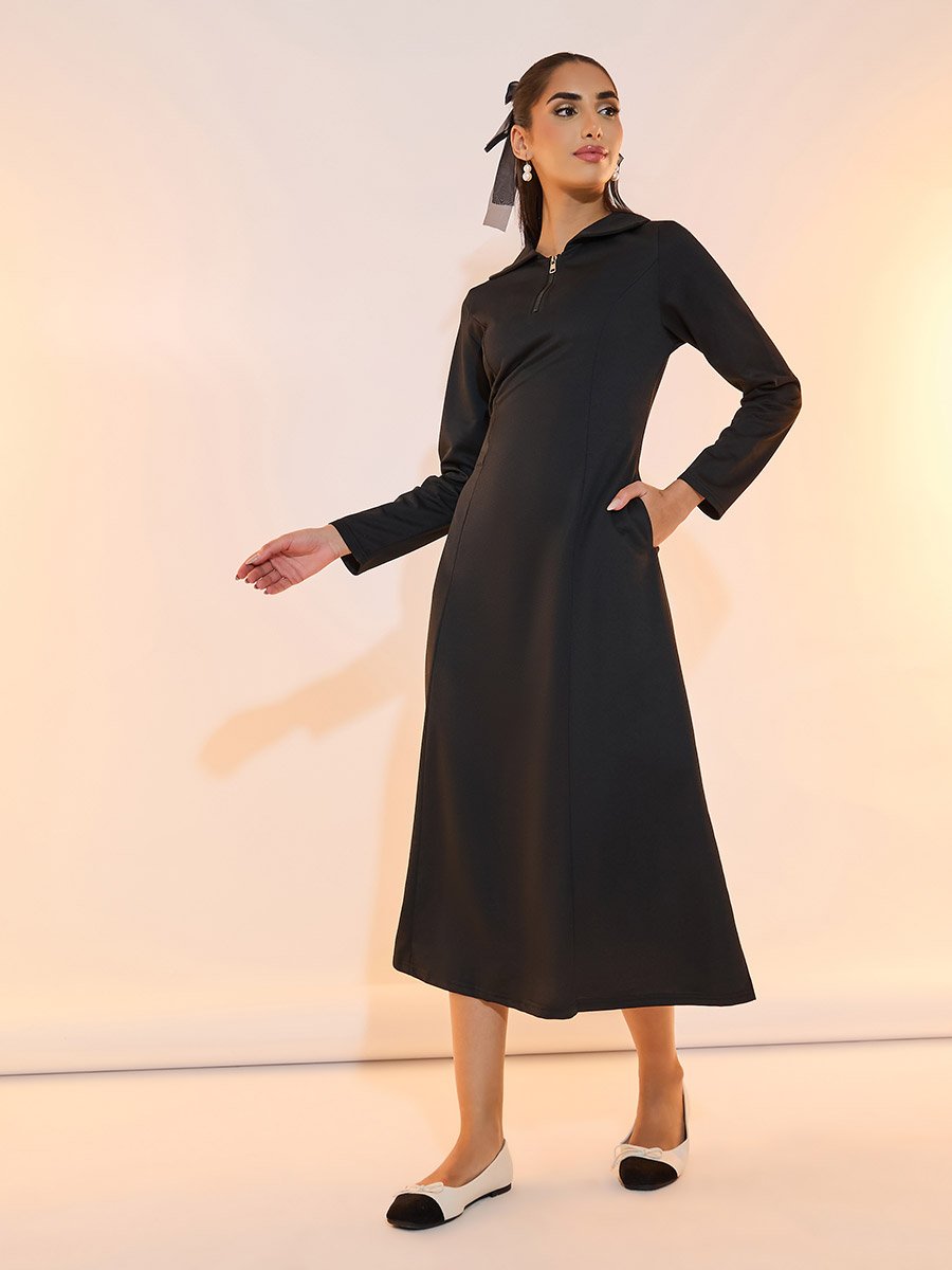 Half Zip Placket Collared A-Line Midi Dress