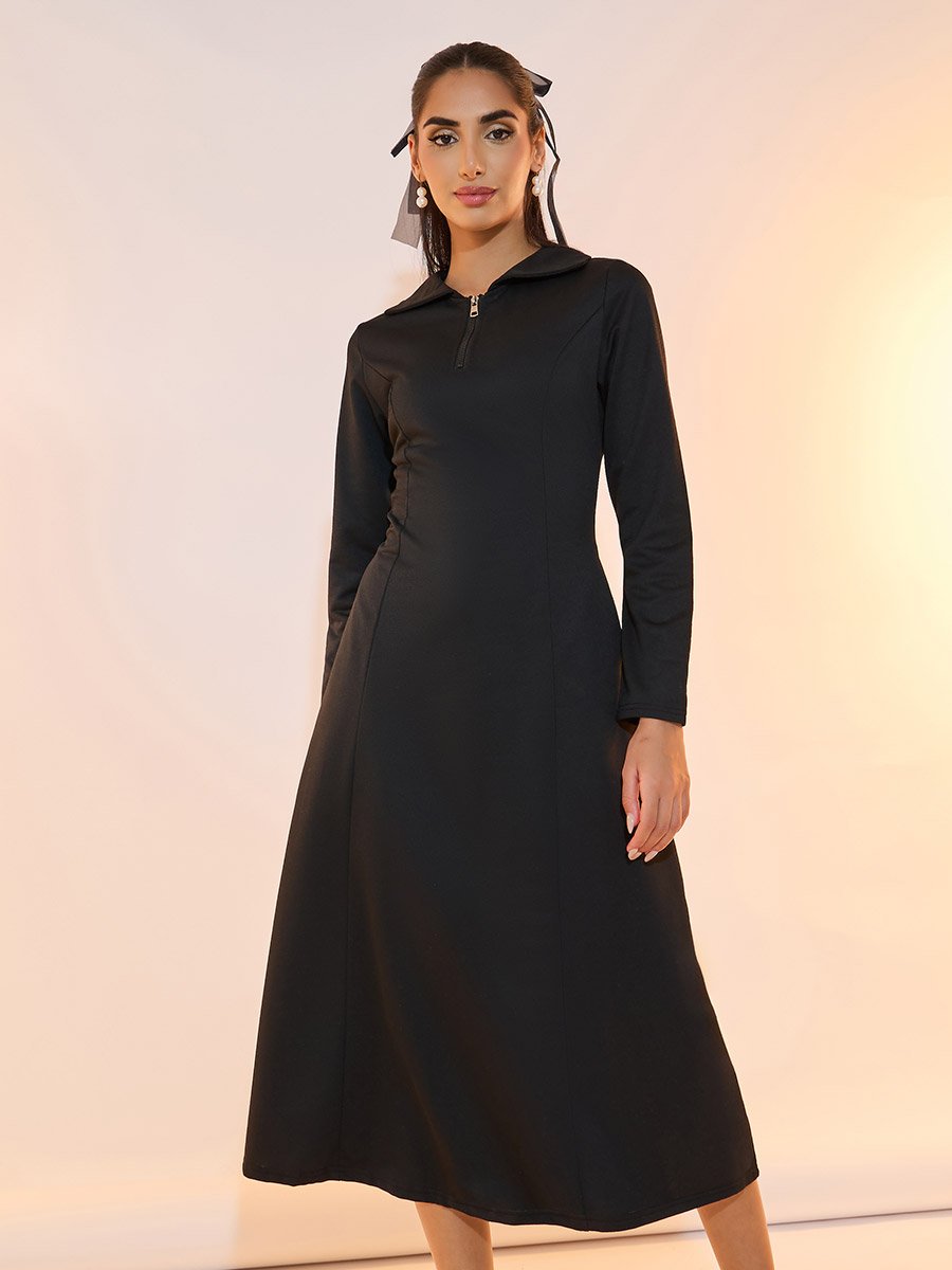 Half Zip Placket Collared A-Line Midi Dress