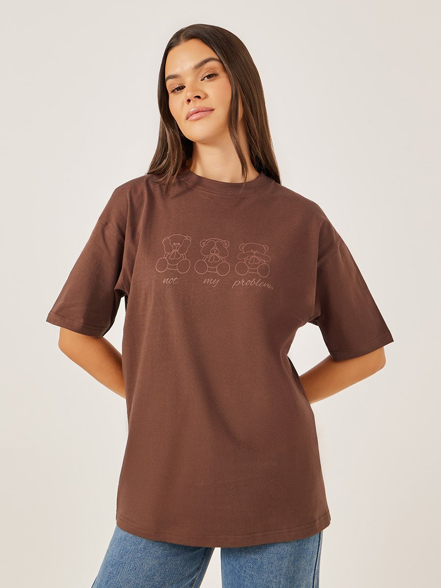 Women Brown Bear Graphic Print Short Sleeve Oversized T-Shirt​
