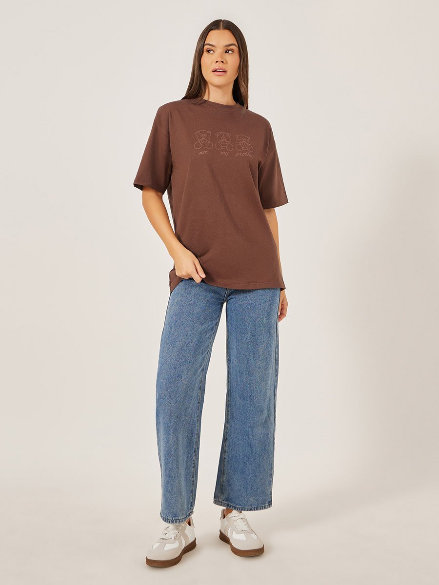 Women Brown Bear Graphic Print Short Sleeve Oversized T-Shirt​