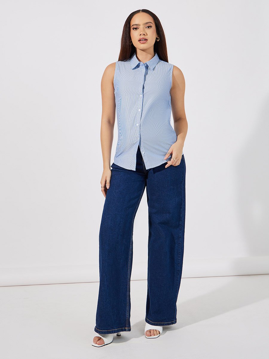 Striped Sleeveless Buttoned Down Shirt