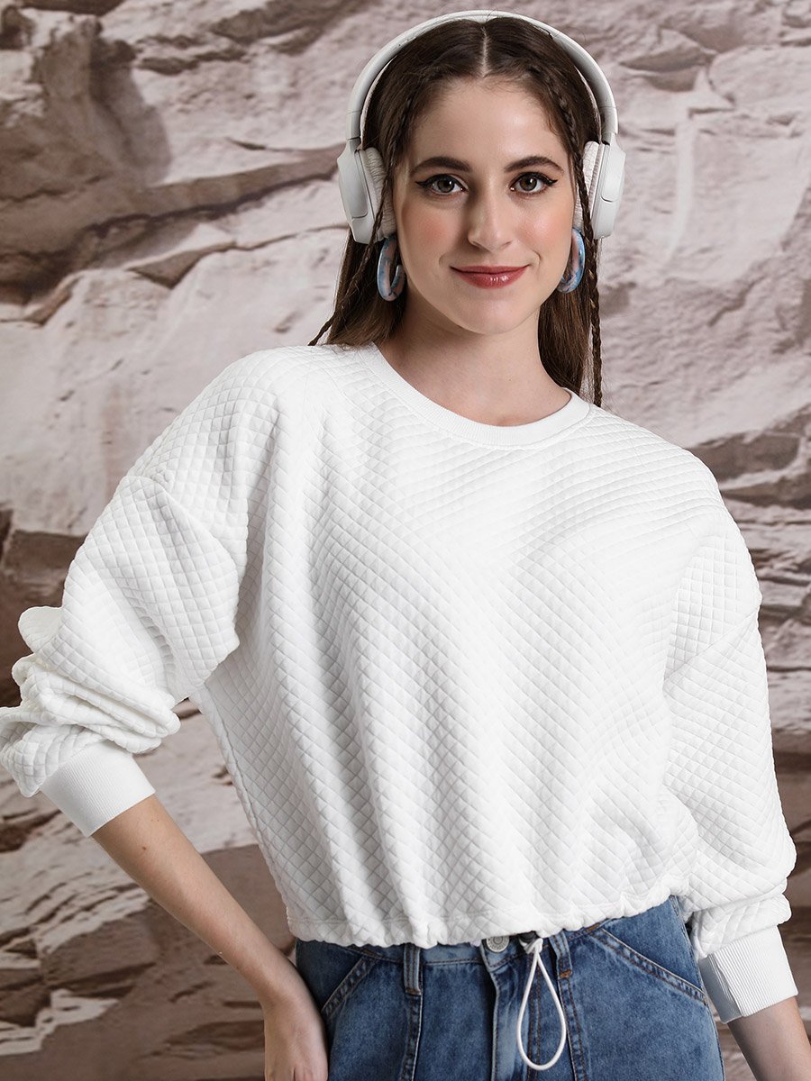 Textured Round Neck Long Sleeves Crop Sweatshirt