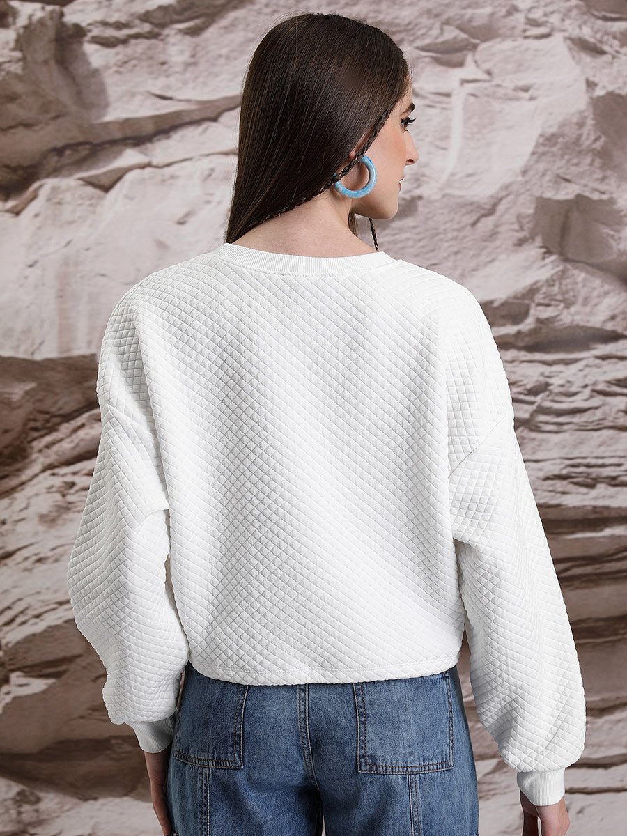 Textured Round Neck Long Sleeves Crop Sweatshirt