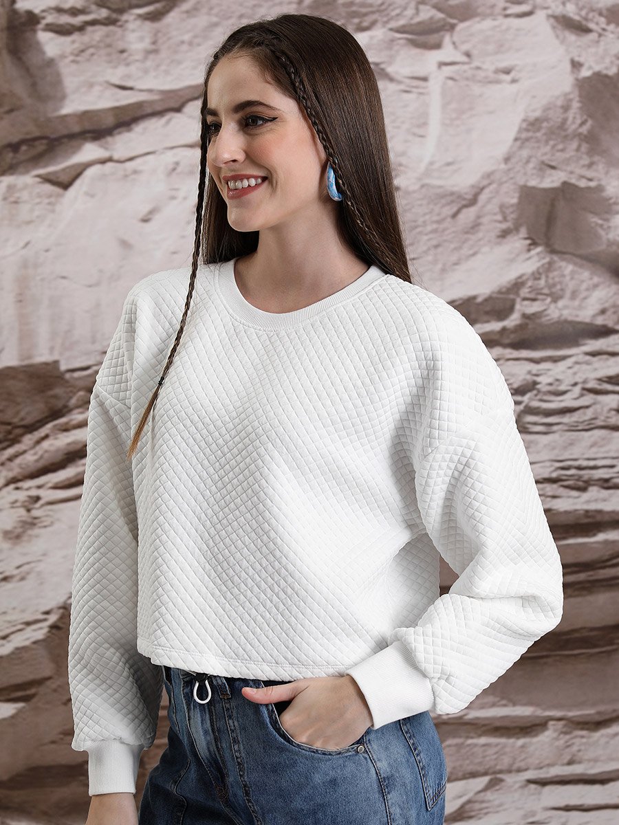 Textured Round Neck Long Sleeves Crop Sweatshirt