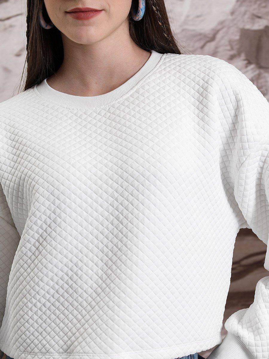 Textured Round Neck Long Sleeves Crop Sweatshirt