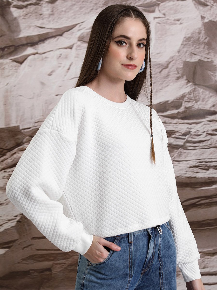 Textured Round Neck Long Sleeves Crop Sweatshirt