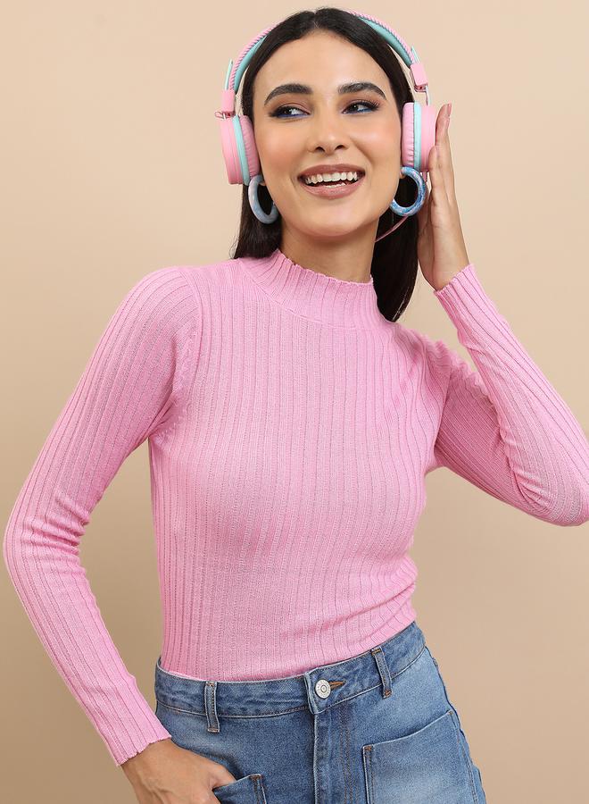Ribbed Knit High Neck Sweater