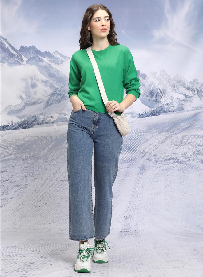 Solid Round Neck Sweater with Long Sleeves