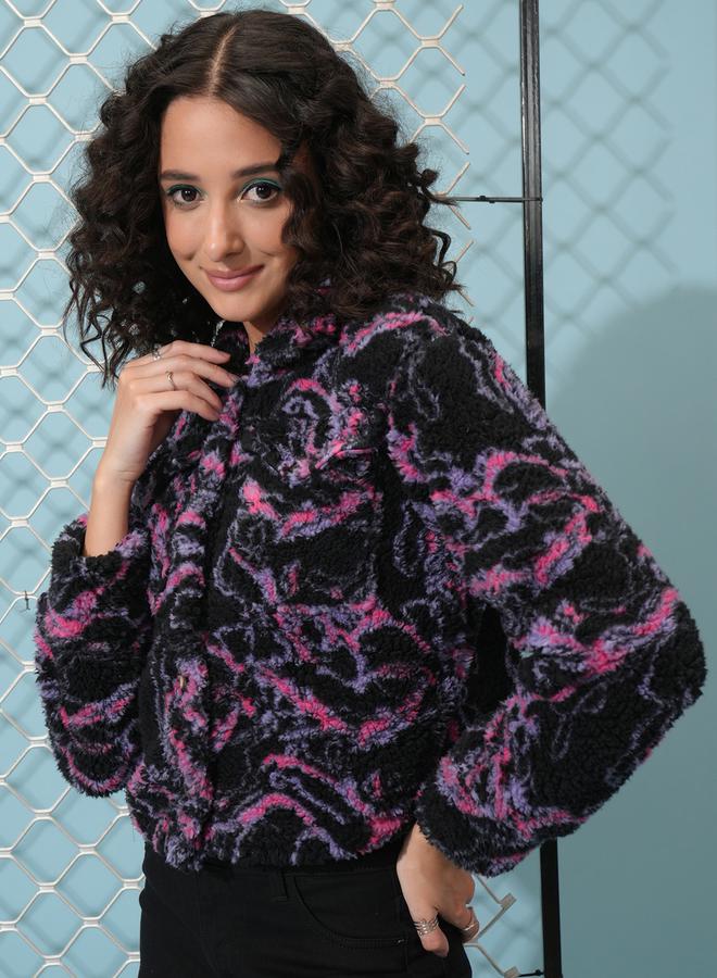 Abstract Print Button Detail Collared Jacket