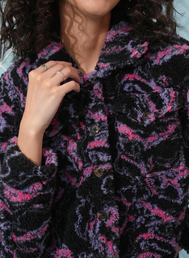 Abstract Print Button Detail Collared Jacket