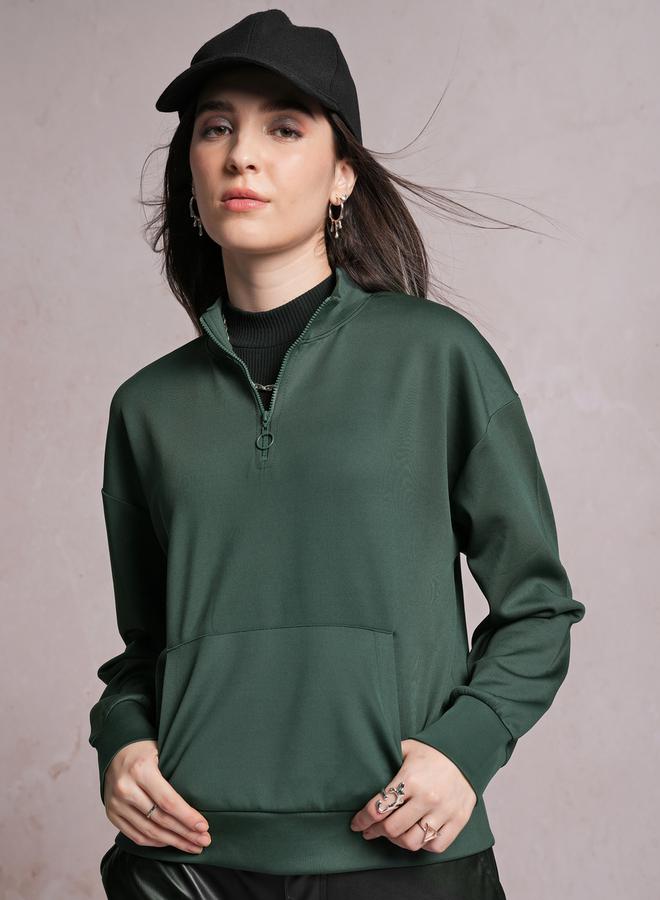 Solid High Neck Sweatshirt with Half Zip Closure