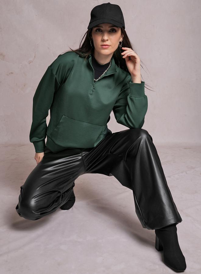 Solid High Neck Sweatshirt with Half Zip Closure