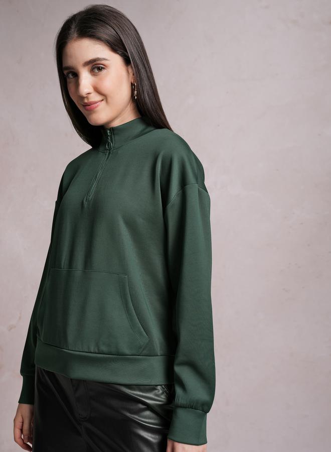 Solid High Neck Sweatshirt with Half Zip Closure