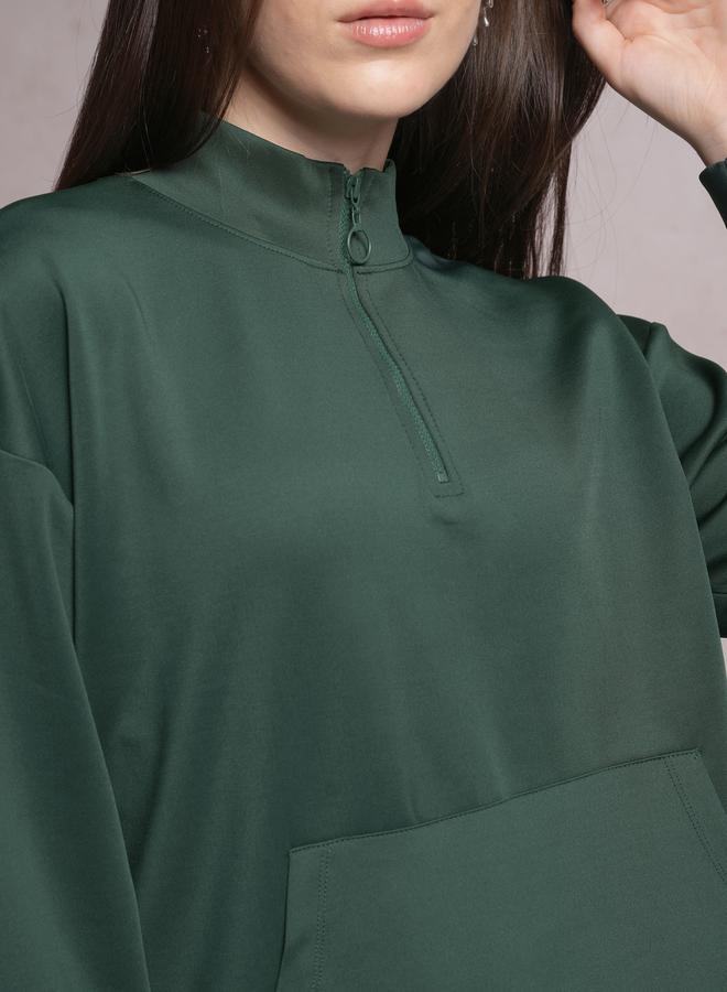 Solid High Neck Sweatshirt with Half Zip Closure