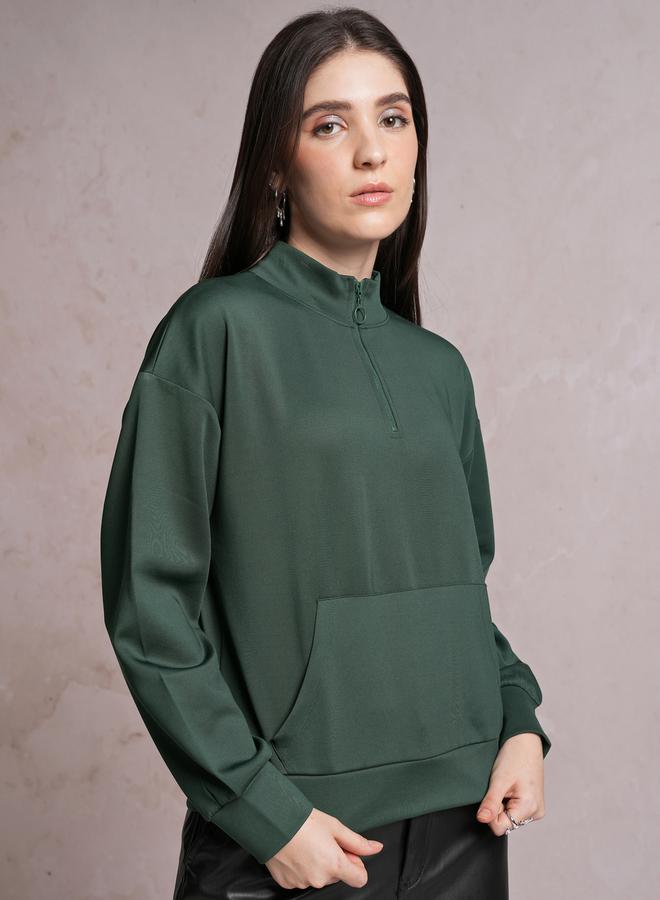 Solid High Neck Sweatshirt with Half Zip Closure