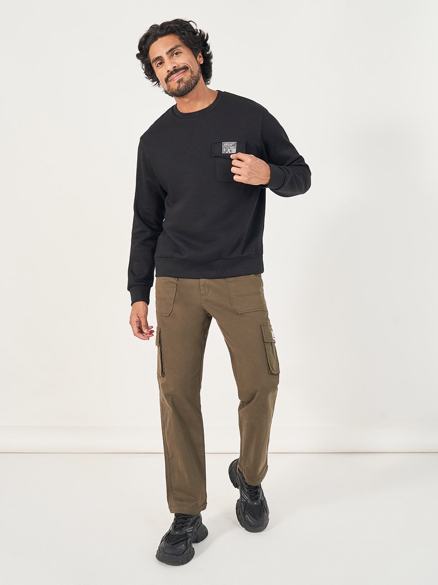 Solid Badge Detail Sweatshirt with Flap Pocket