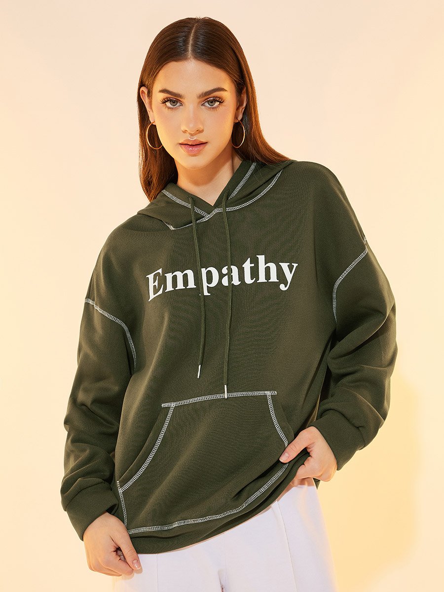 Overlock Seam Slogan Print Relaxed Fit Hoodie