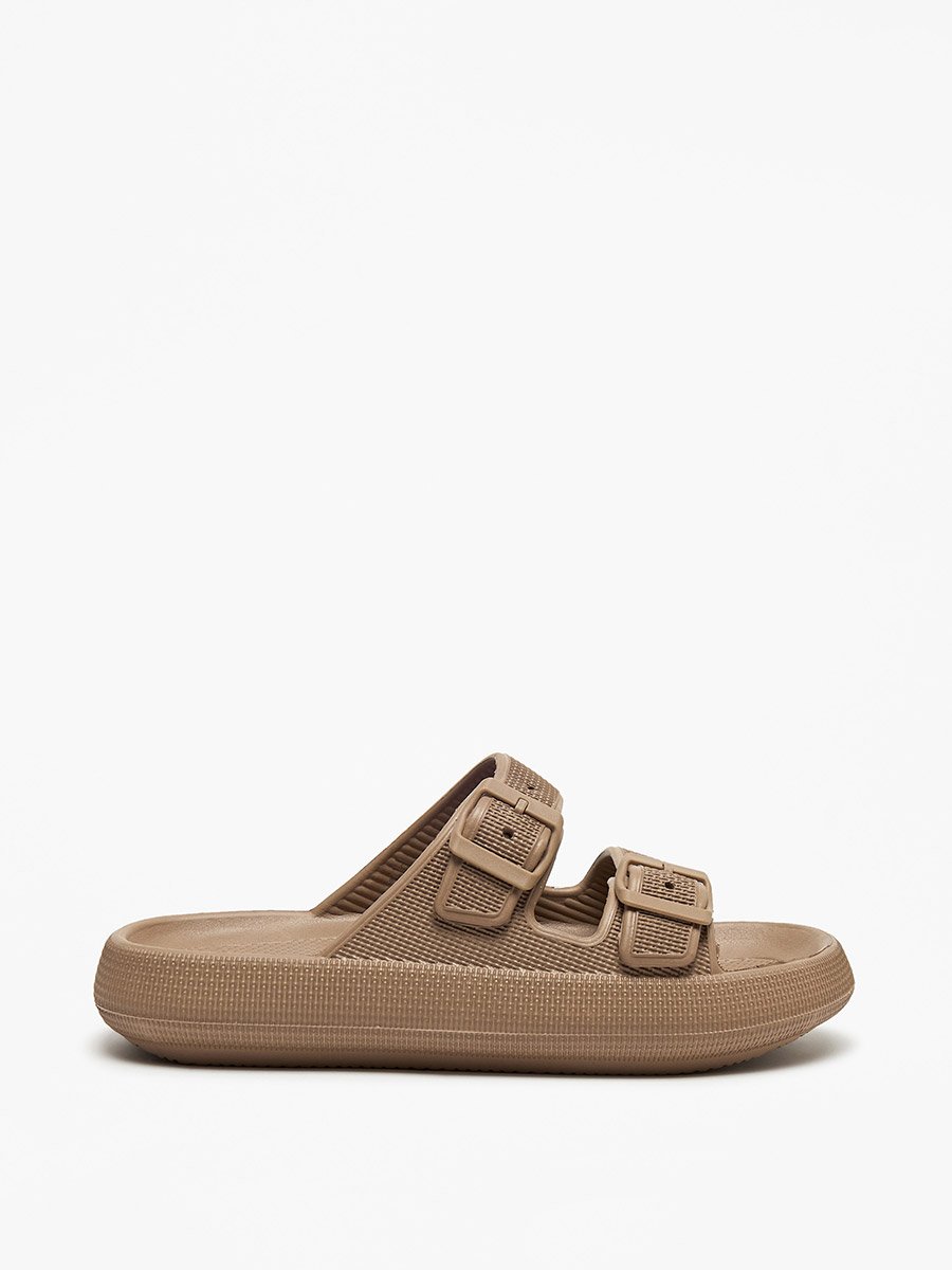 Textured Slip-On Sandal with Buckle Detail