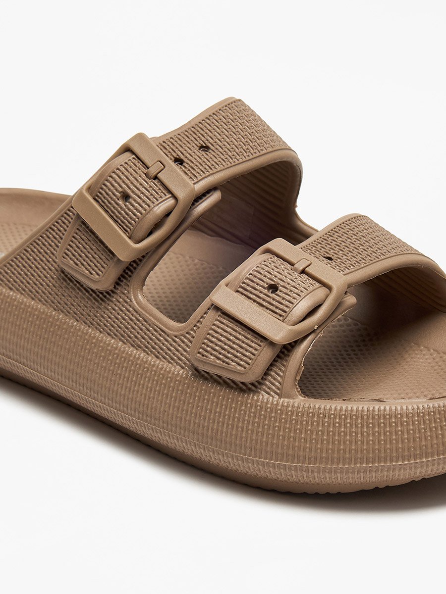 Textured Slip-On Sandal with Buckle Detail