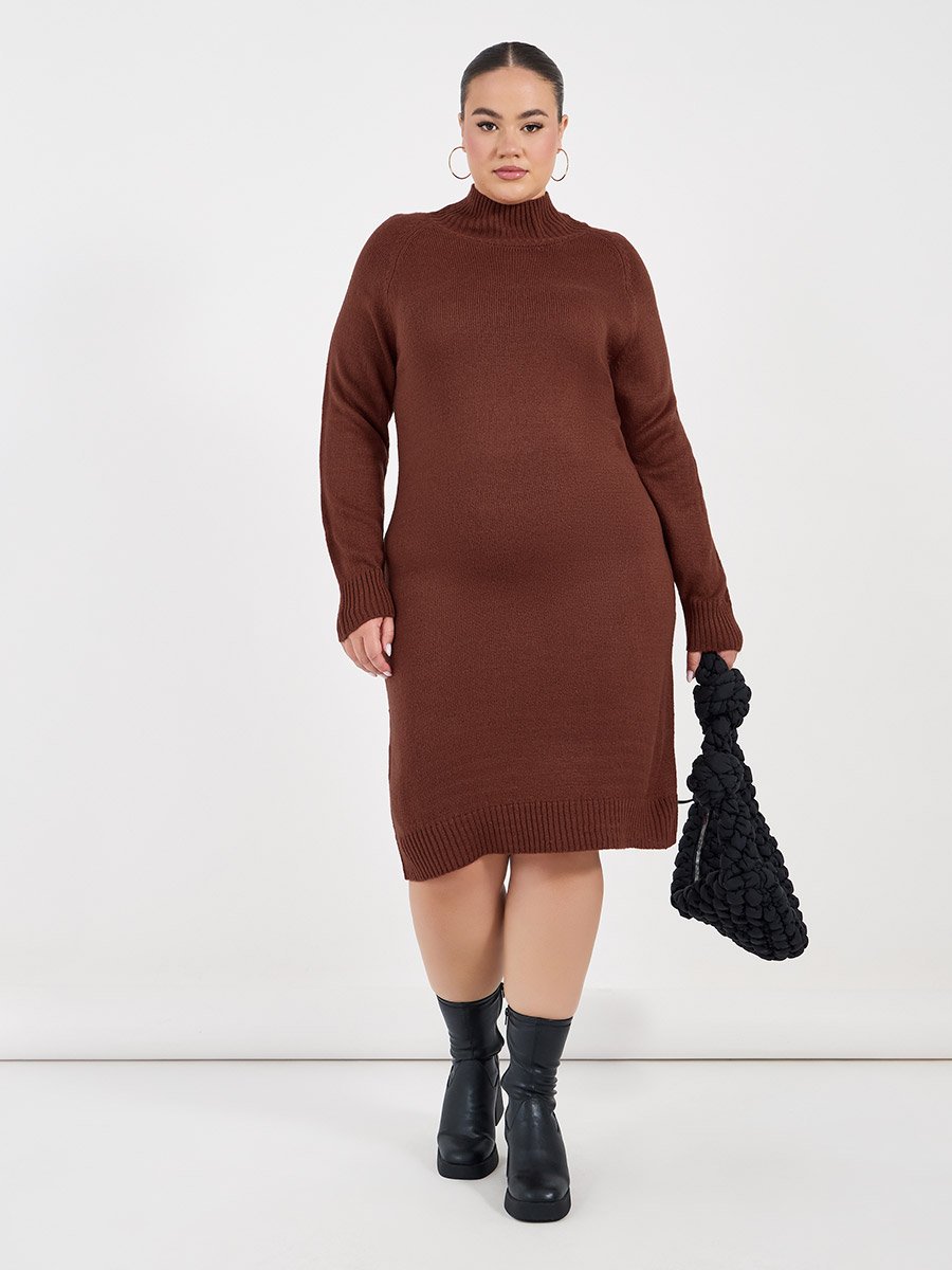 Plus Size Long Sleeves Knitted Sweater Knee Length Dress