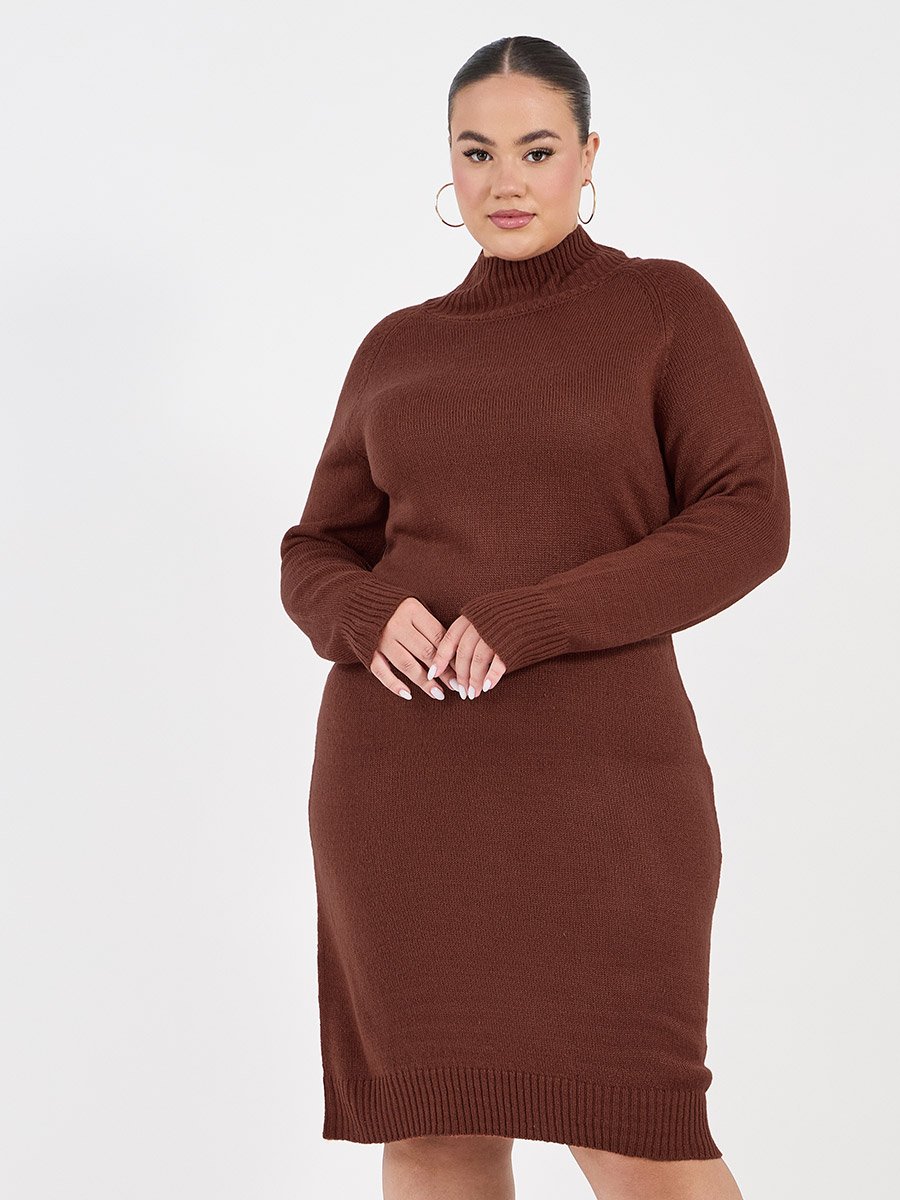 Plus Size Long Sleeves Knitted Sweater Knee Length Dress