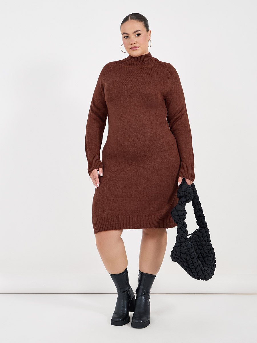 Plus Size Long Sleeves Knitted Sweater Knee Length Dress