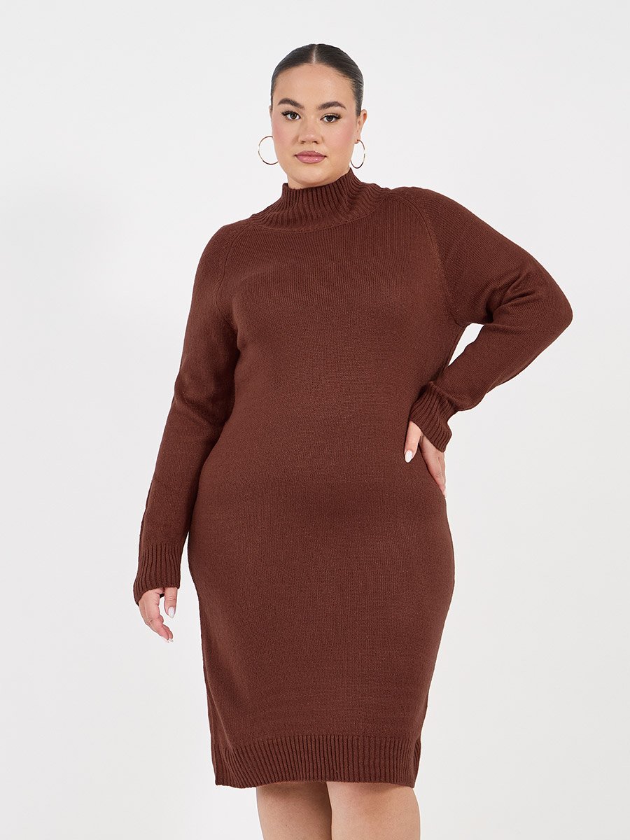 Plus Size Long Sleeves Knitted Sweater Knee Length Dress