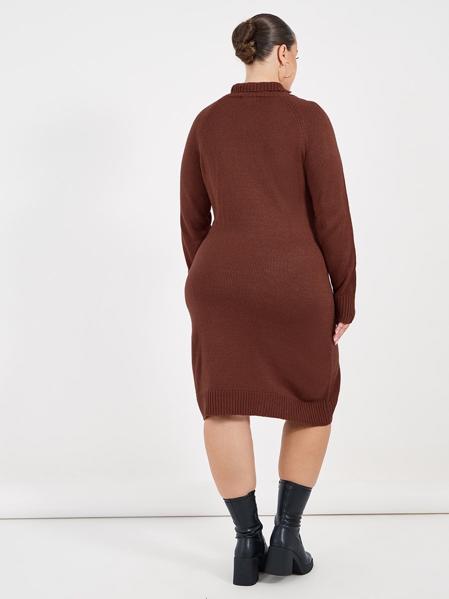 Plus Size Long Sleeves Knitted Sweater Knee Length Dress