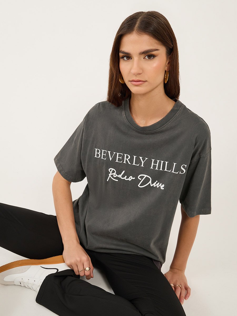Slogan Print Round Neck Oversized T-Shirt