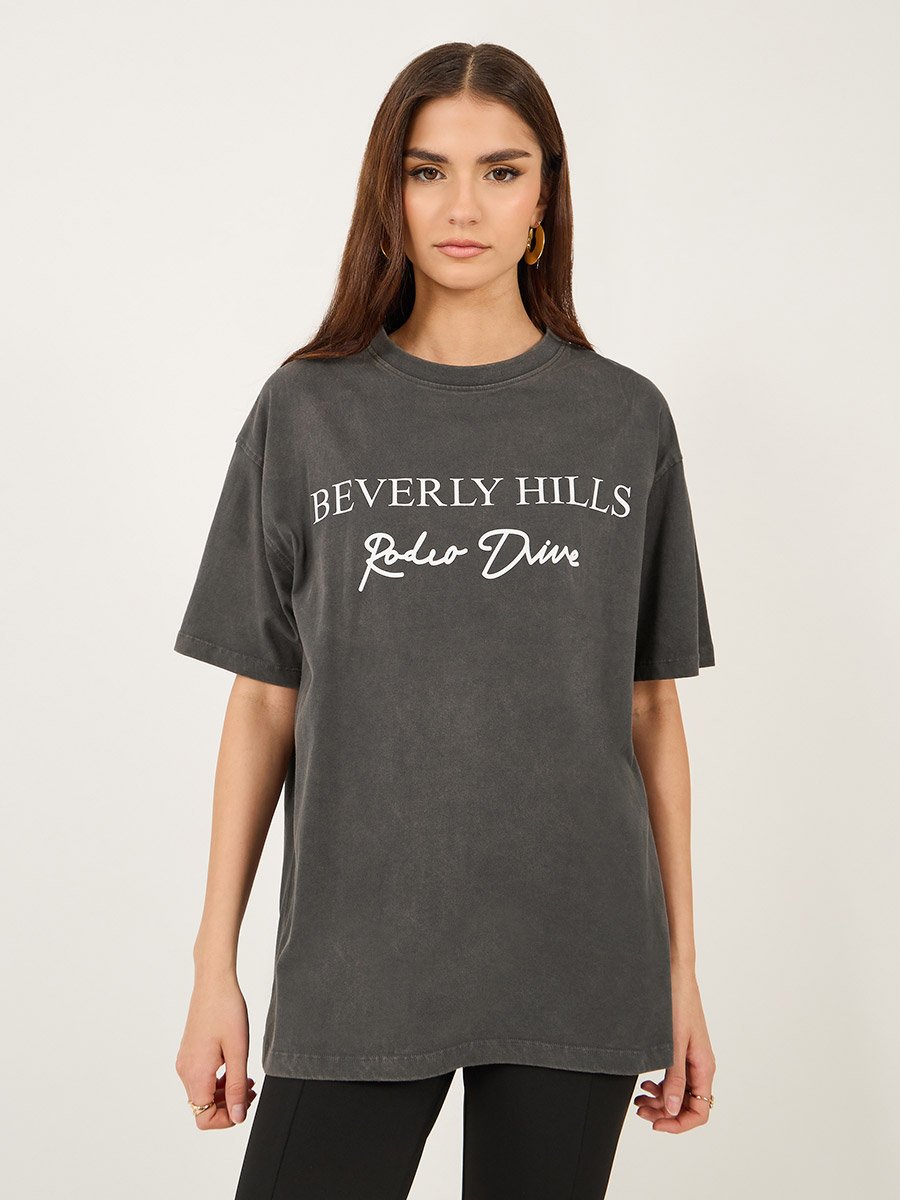 Slogan Print Round Neck Oversized T-Shirt