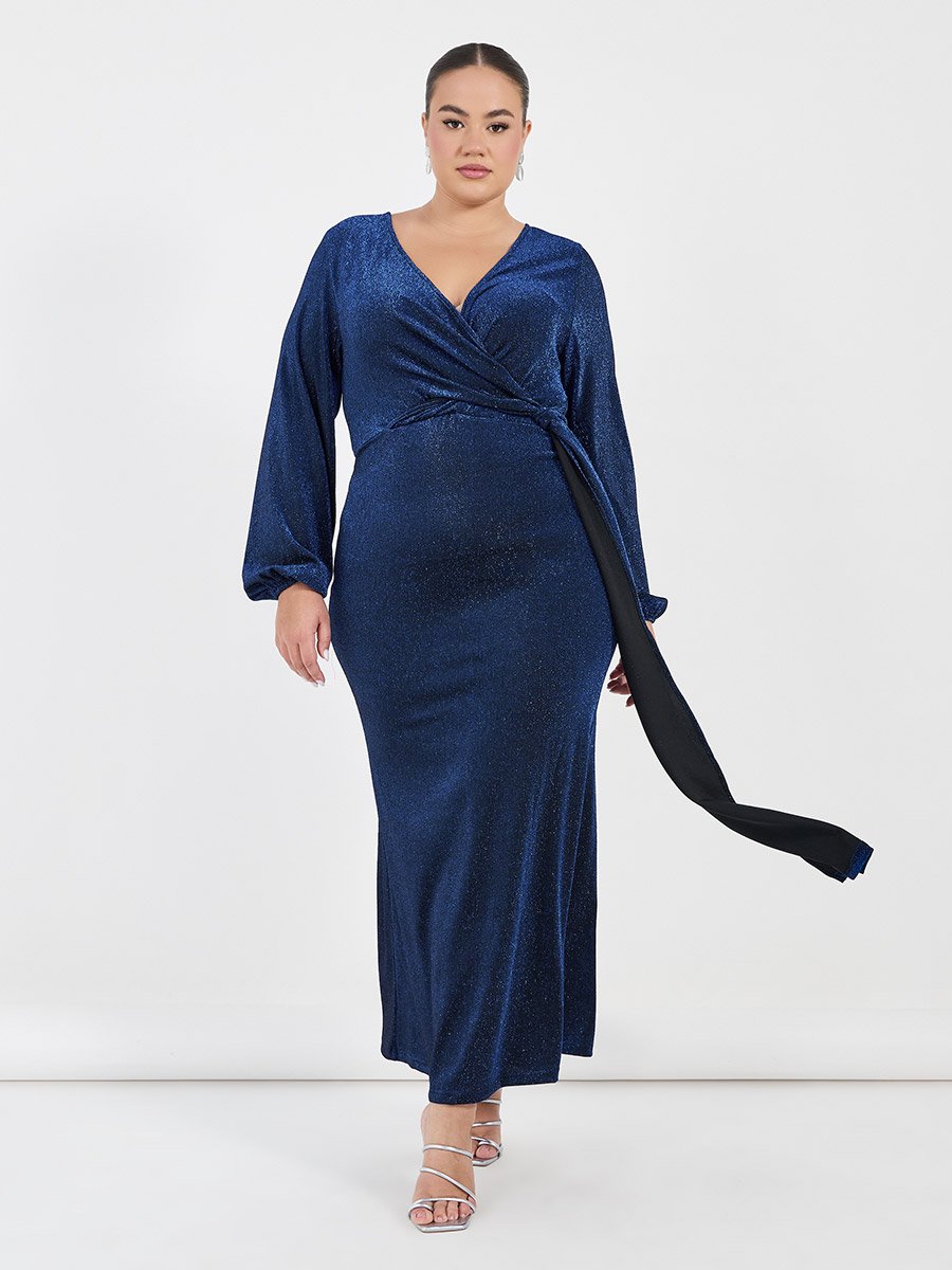 Plus Size Glitter Look Wrap Front Draped Maxi Dress For Women at Saudi | Styli Plus Size Glitter Look Wrap Front Draped Maxi Dress For Women at Saudi | Styli