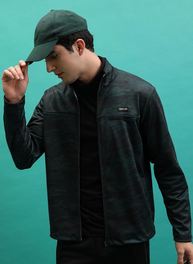 Camouflage Print High Neck Full Zip Sweatshirt