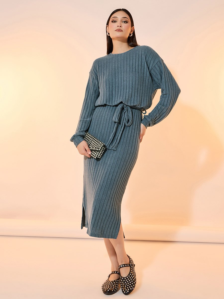 blouson knit dress Textured Ribbed Knit Blouson Midi Dress For Women at Saudi