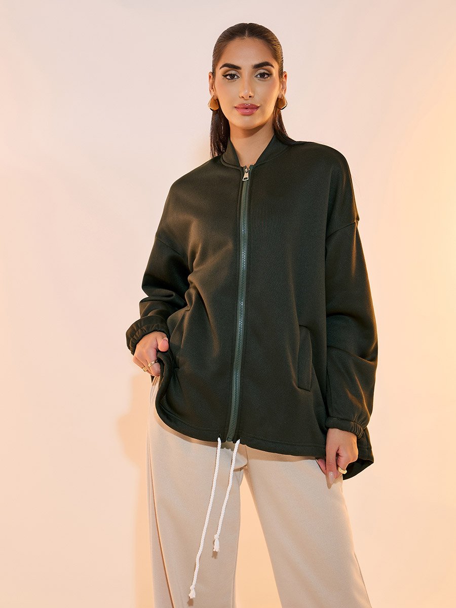 Solid Front Zipper Drawstring Hem Jacket