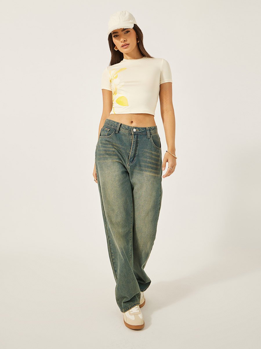 Floral Graphic Print Fitted Crop T-Shirt