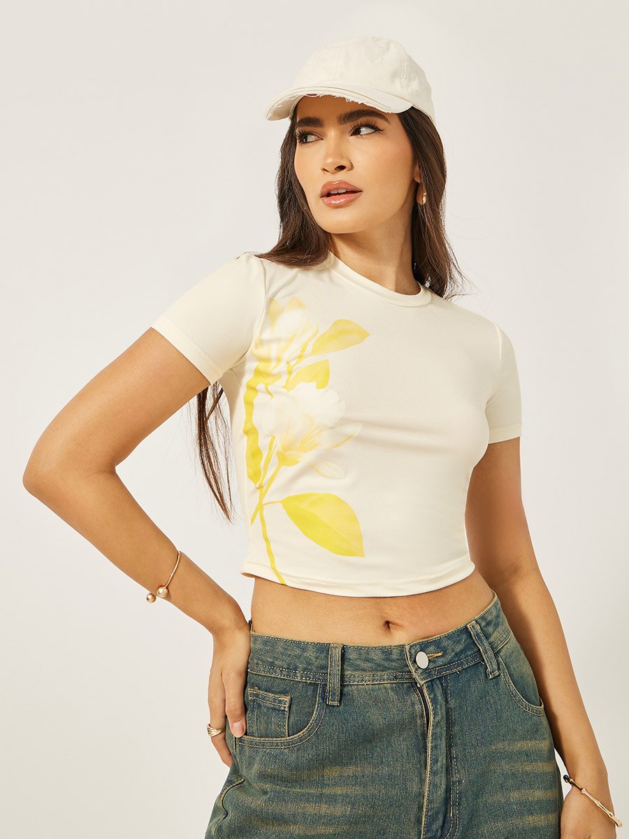 Floral Graphic Print Fitted Crop T-Shirt