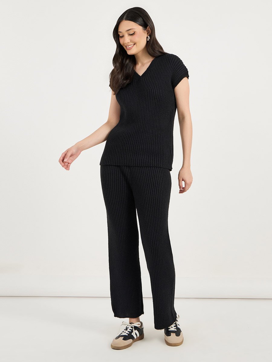 V Neck Knitted Sweater Top and Straight Leg Pants Co-Ords