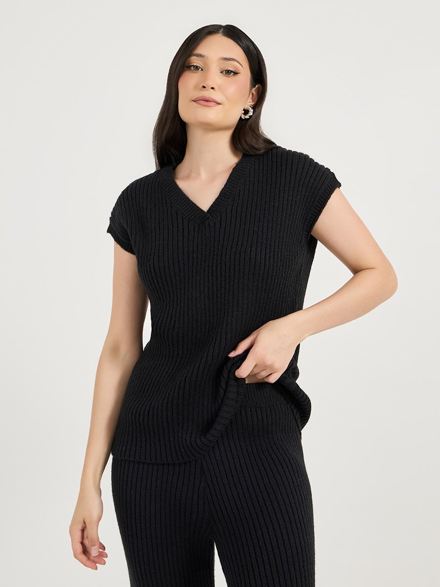 V Neck Knitted Sweater Top and Straight Leg Pants Co-Ords