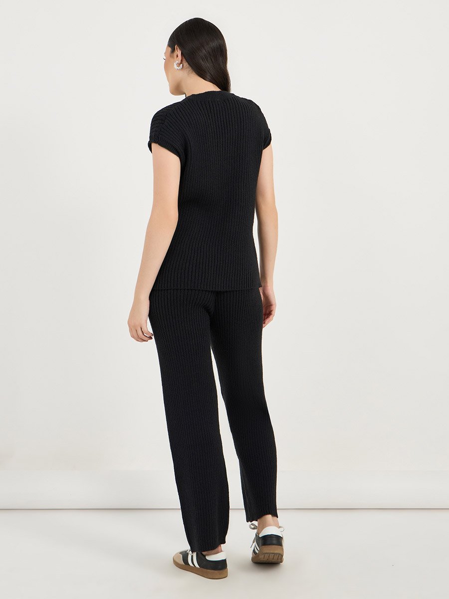 V Neck Knitted Sweater Top and Straight Leg Pants Co-Ords
