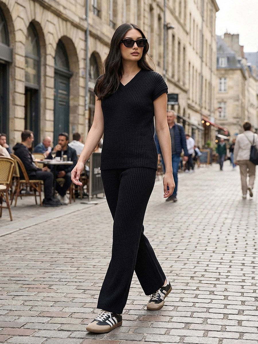 V Neck Knitted Sweater Top and Straight Leg Pants Co-Ords