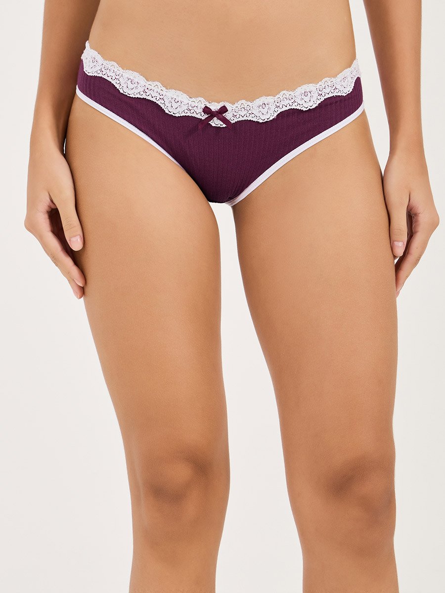 Pack of 6 - Contrast Lace and Bow Trim Cotton Bikini Brief