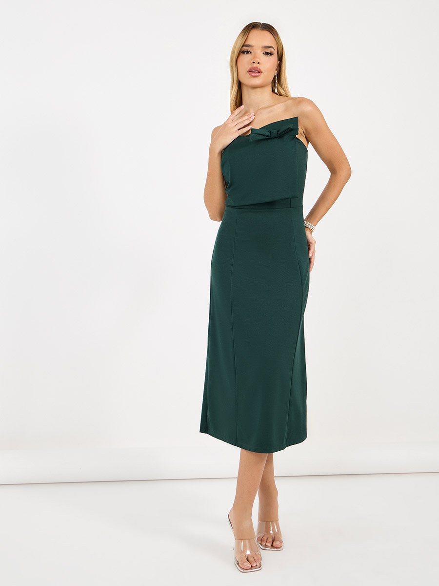 Bardot Neck A-Line Midi Dress with Bow Detail