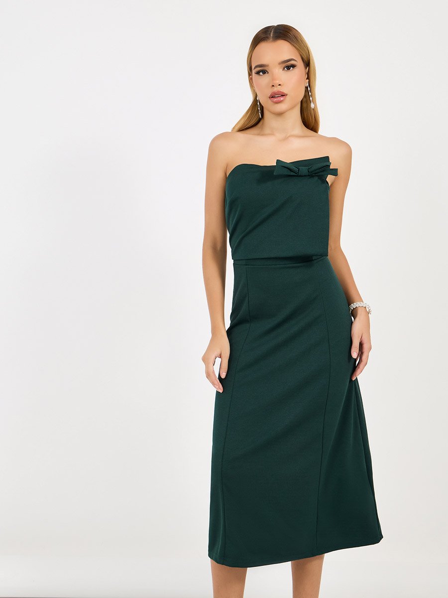 Bardot Neck A-Line Midi Dress with Bow Detail