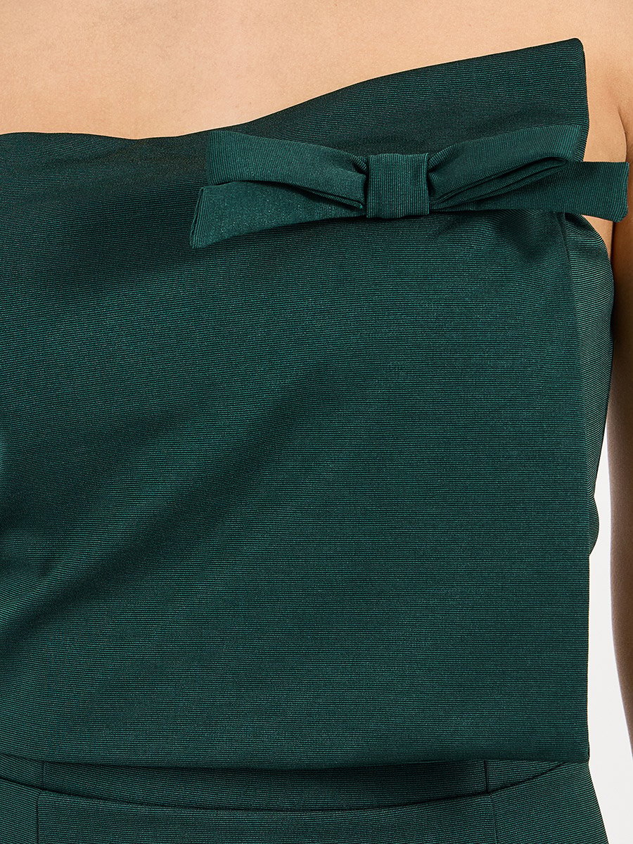 Bardot Neck A-Line Midi Dress with Bow Detail