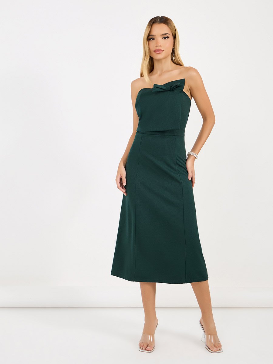 Bardot Neck A-Line Midi Dress with Bow Detail