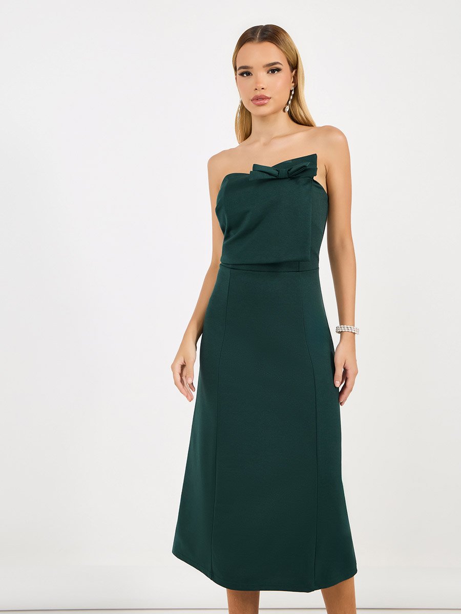 Bardot Neck A-Line Midi Dress with Bow Detail