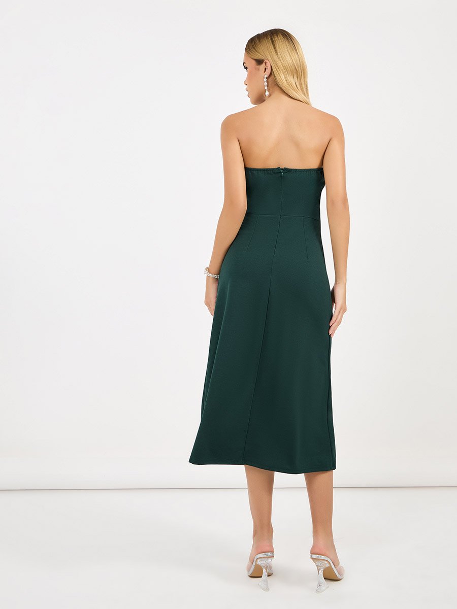Bardot Neck A-Line Midi Dress with Bow Detail