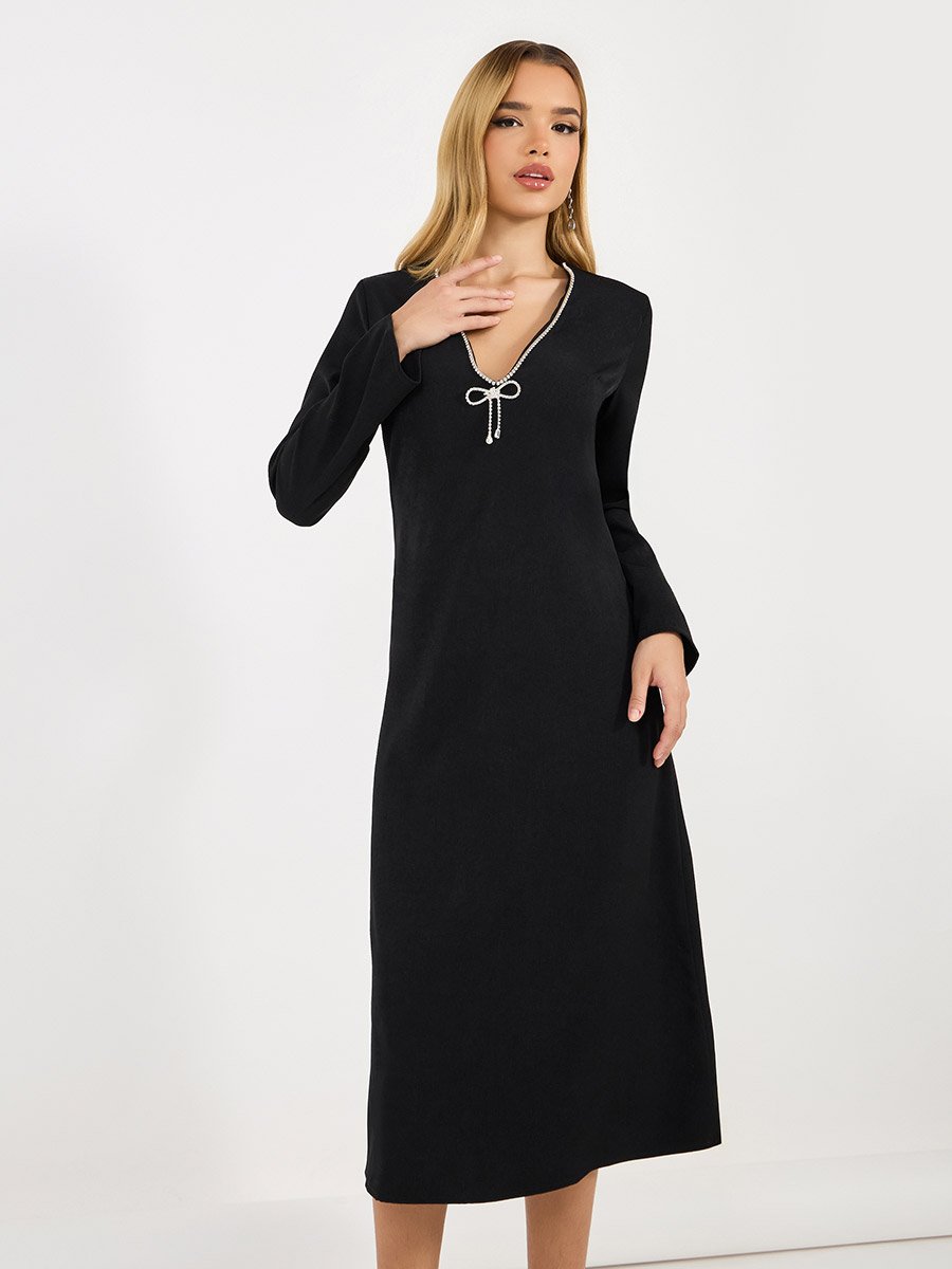 Studded Bow Detail A-Line Midi Dress For Women at Bahrain | Styli