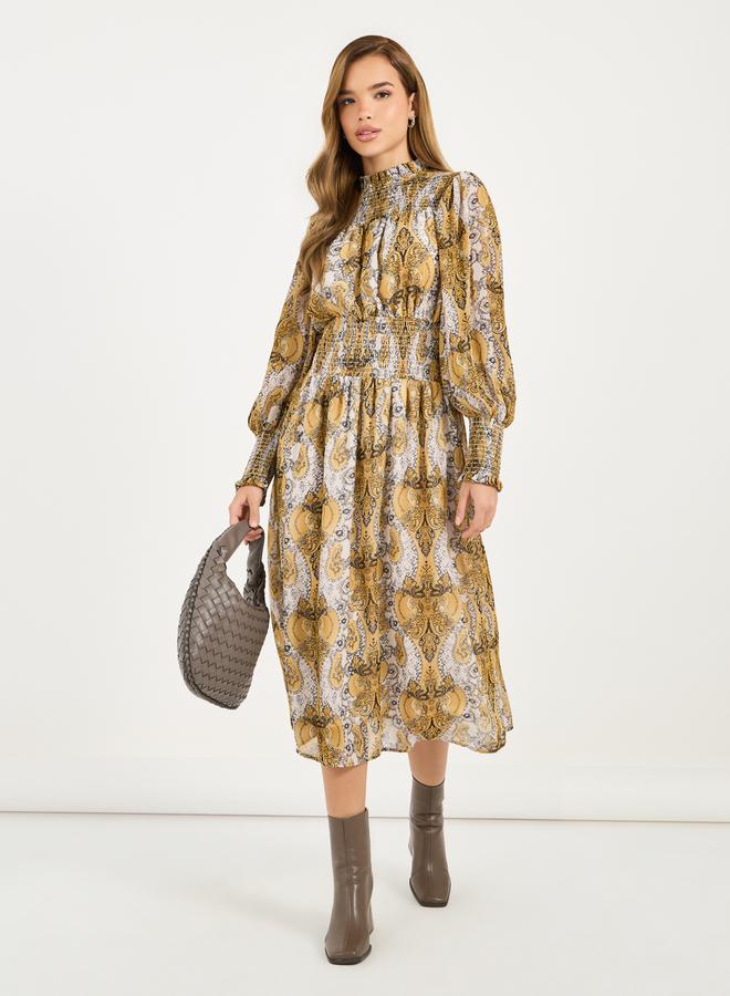 All Over Print Balloon Sleeves A-Line Midi Dress
