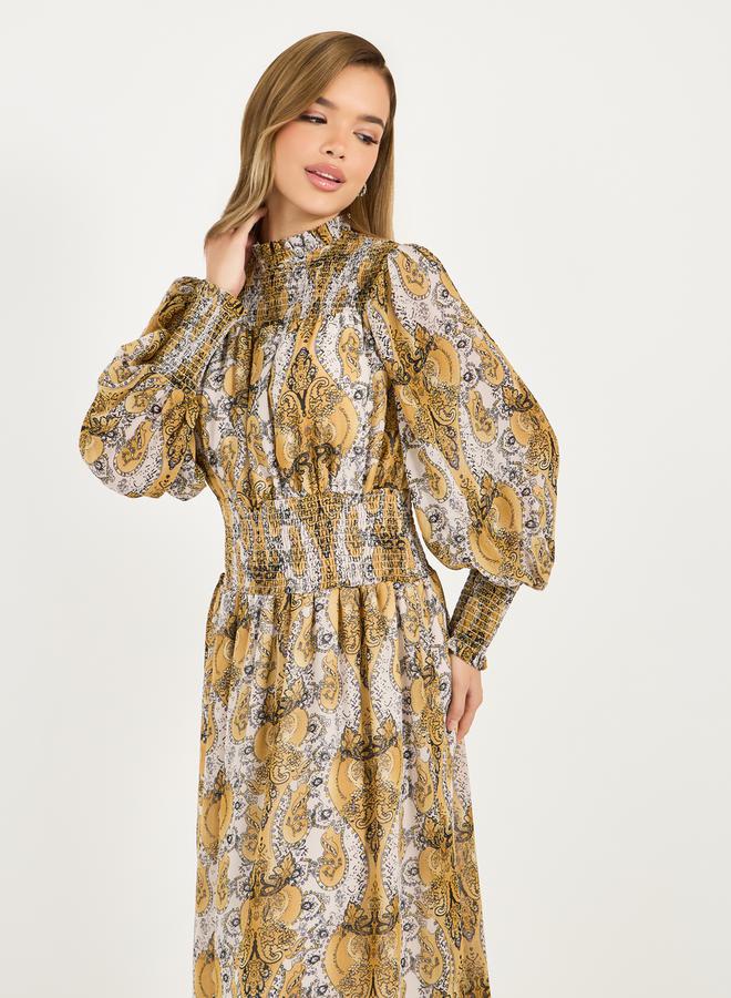All Over Print Balloon Sleeves A-Line Midi Dress